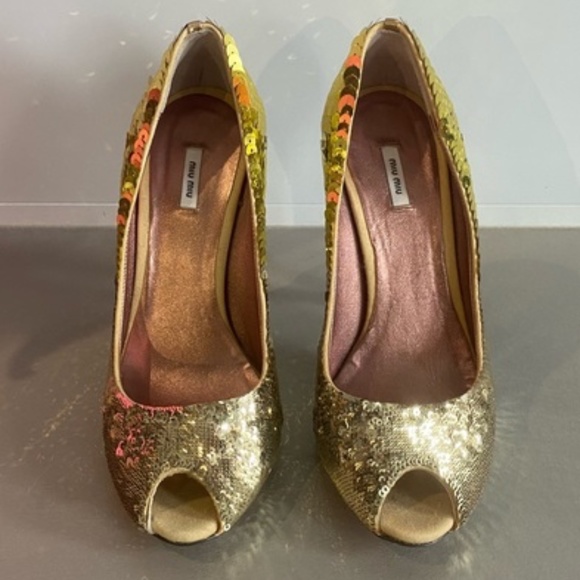 Miu Miu Gold Ombré Sequin Peep-Toe Sandals - Picture 2 of 5